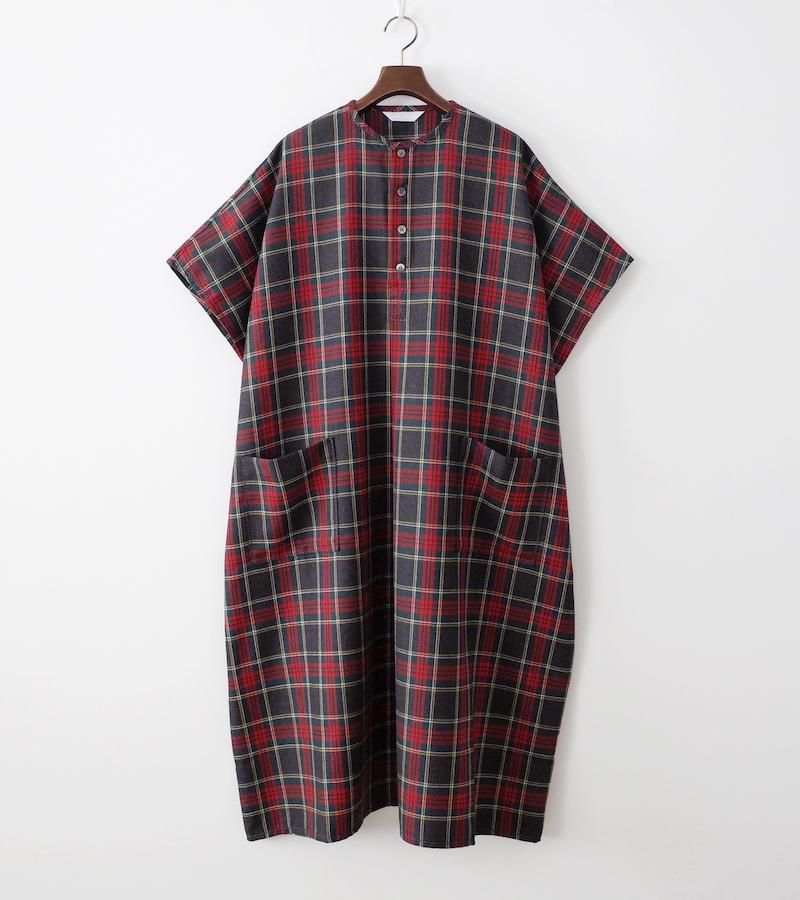homspun ウールタータン ワンピース チャコール×レッド