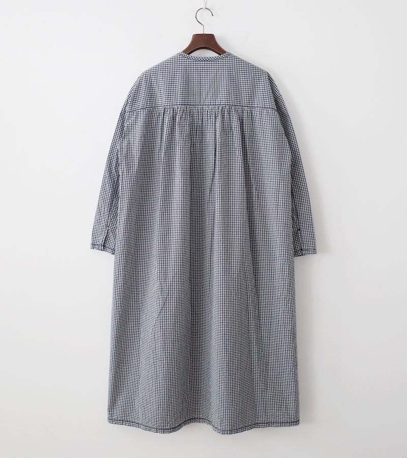 homspun ハイカウントギンガム 長袖ワンピース シロ×アイアンブルー