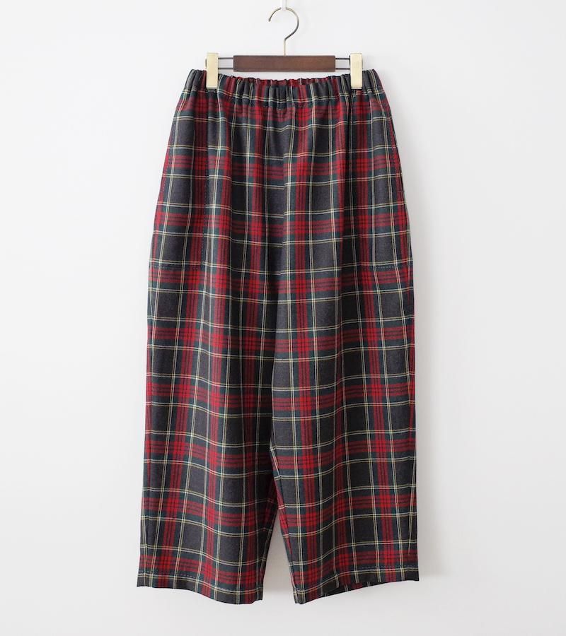 homspun ウールタータン ギャザーパンツ チャコール×レッド