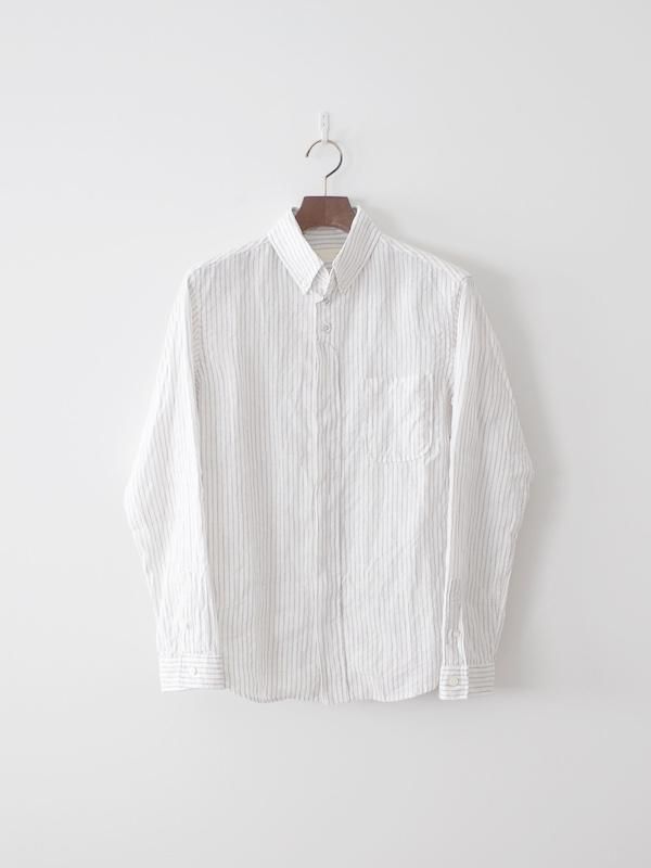 Nisica 長袖ボタンダウンシャツ リネン ストライプ White Gray Nisica 長袖ボタンダウンシャツ リネン ストライプ White Gray