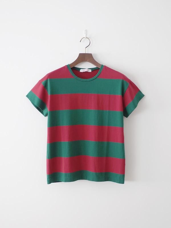 Homspun 天竺太ボーダー半袖プルオーバー Tシャツ グリーン レッド Homspun 天竺太ボーダー半袖プルオーバー Tシャツ グリーン レッド