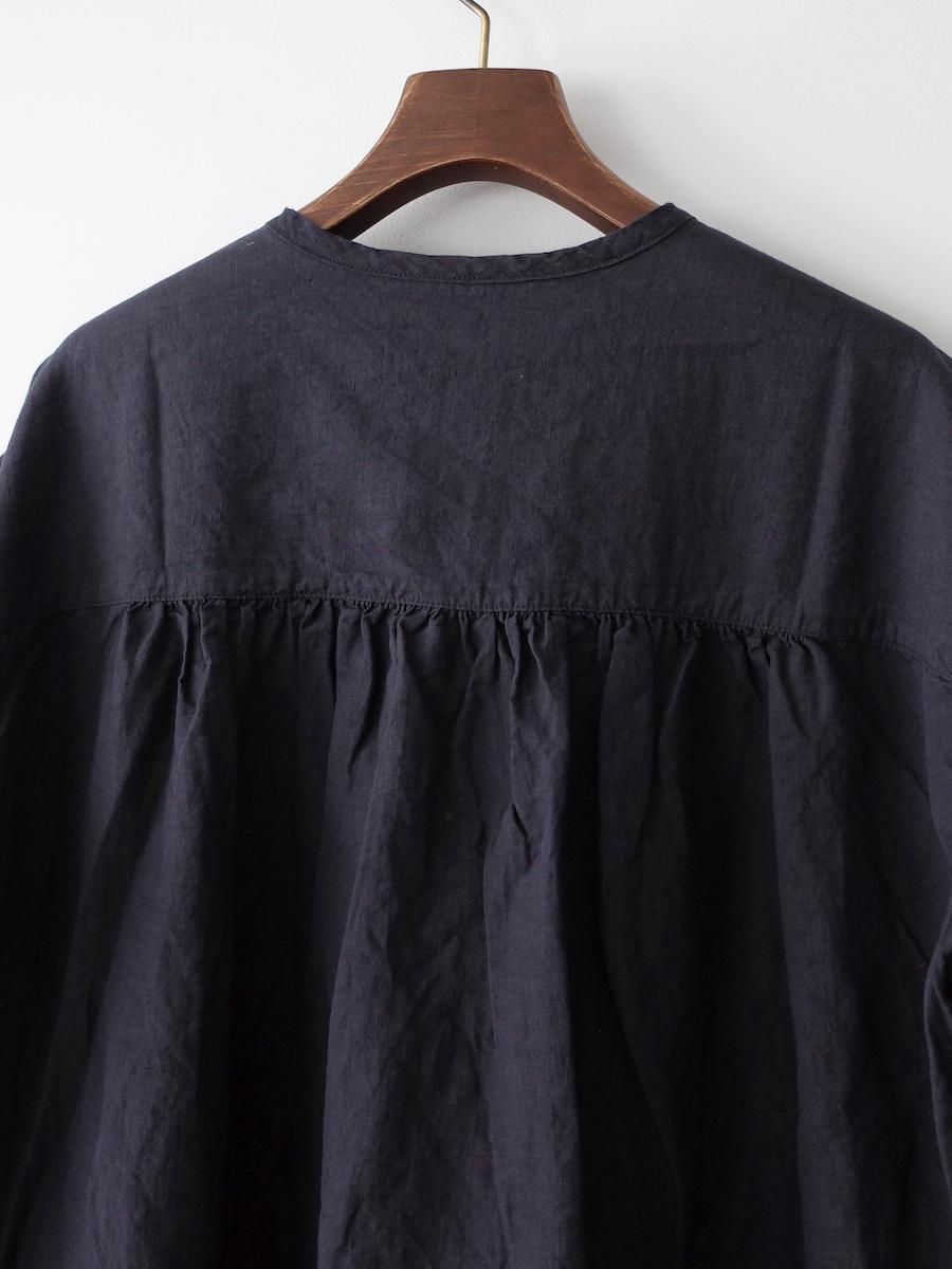 homspunネイビー ロングワンピース homspun コットンリネンウェザー ヨーク切り替え 七分袖