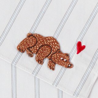 ハート刺繍+big bearワッペン付ハンカチ / グレーダブルラインストライプ