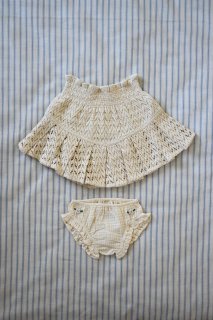  SET PLEATED SKIRT&PANTY Natural lace fabric & Natural check voile