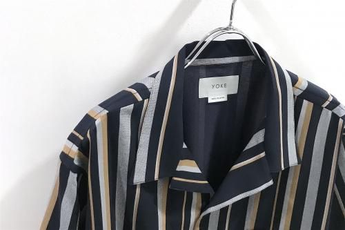 YOKE /MULTISTRIPE OPEN COLLAR SHIRTS S/S(NAVY)