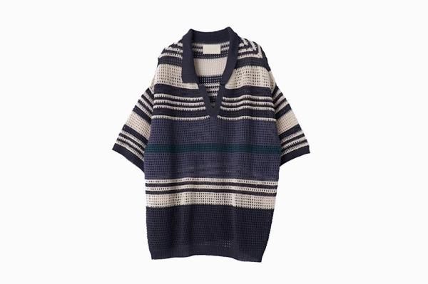 YOKE | BORDER MESH KNIT SKIPPER POLO SHIRT(NAVY×BEIGE YOKE | BORDER MESH KNIT SKIPPER POLO SHIRT(NAVY×BEIGE