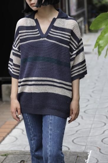 YOKE | BORDER MESH KNIT SKIPPER POLO SHIRT(NAVY×BEIGE YOKE | BORDER MESH KNIT SKIPPER POLO SHIRT(NAVY×BEIGE