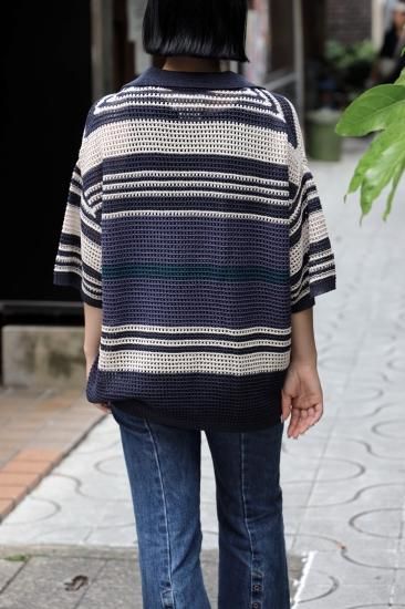 YOKE | BORDER MESH KNIT SKIPPER POLO SHIRT(NAVY×BEIGE YOKE | BORDER MESH KNIT SKIPPER POLO SHIRT(NAVY×BEIGE