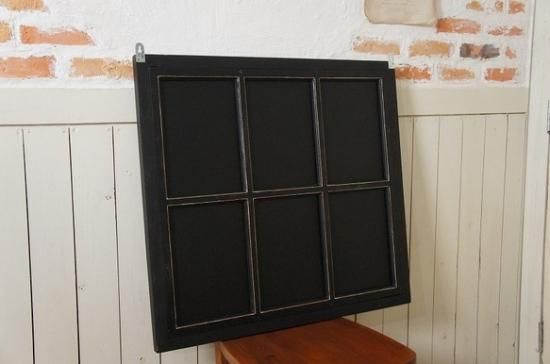 アンティーク調 木製窓枠 鏡 壁掛けミラー シャビー ブラック 6枠 黒艶