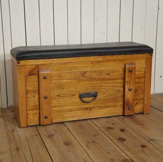 ビンテージ調 ベンチ型 チェスト ボックス 収納箱 木箱 スライド引出 無垢材