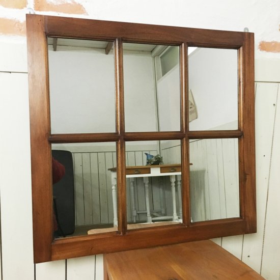 アンティーク調 木製窓枠 鏡 壁掛けミラー ナチュラル 6枠 - 81JP-STORE