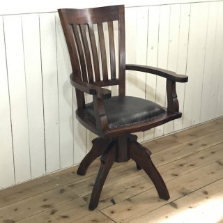 アンティーク調  木製回転アームチェア マホガニー無垢材 合皮クッション座面 書斎椅子 回転椅子