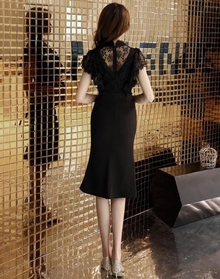 小花柄レースが上品かわいい異素材MIXの膝丈タイトワンピース ドレス