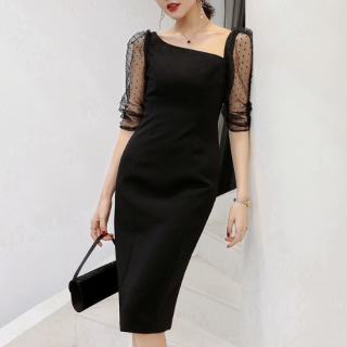 <img class='new_mark_img1' src='https://img.shop-pro.jp/img/new/icons14.gif' style='border:none;display:inline;margin:0px;padding:0px;width:auto;' />人気の海外デザイン プチドットが上品かわいいアシンメトリーな黒ワンピース
