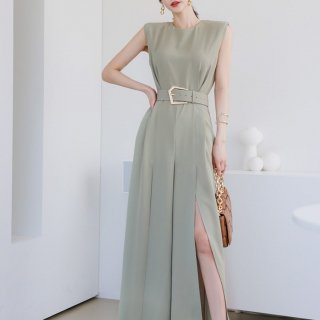 シンプルエレガントな大人スタイル ロングスリットが色っぽいベルト付きパンツドレス オールインワン