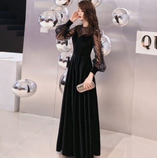  XS〜3Lの豊富なサイズ展開 ドットや刺繍のマキシ丈長袖タイト黒ドレス ワンピース