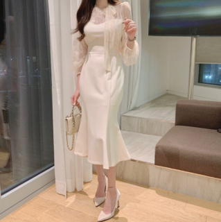 上品フェミニンな海外デザイン  マーメイドスカートのシフォンミックスタイトワンピース ドレス 3色