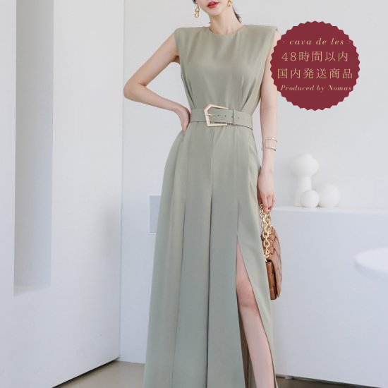 【即納】シンプルエレガントな大人スタイル ロングスリットが色っぽいベルト付きパンツドレス オールインワン