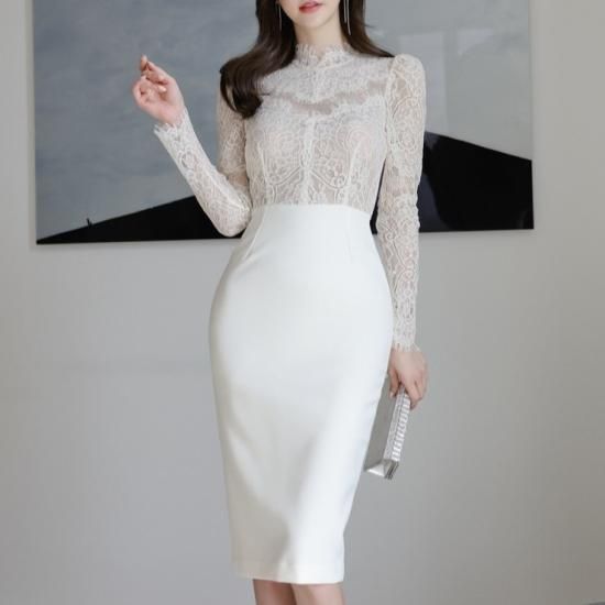 新品未使用 JEWELS ホワイト長袖レース タイトドレス タグ付き セクシーでかわいい欲張りアイテム 長袖レーストップの膝丈タイト白
