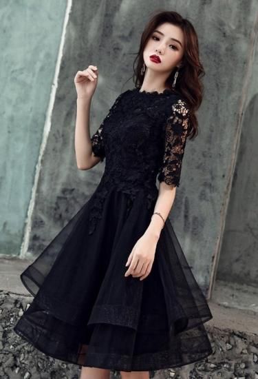 XS～3L 透かし彫りレースとチュールドッキングの膝丈フレア