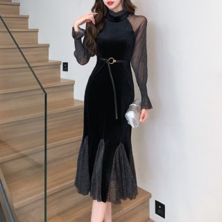 異素材ドッキングのマーメードスカート ロング丈キャンディースリーブタイトドレス ワンピース 黒