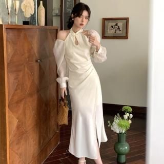 個性的でおしゃれ オープンショルダーのロング丈スリットタイトドレス ワンピース 2色 白 黒