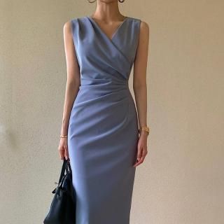 ノースリーブのきれいめスタイル ミディ丈カシュクールワンピース タイトドレス 2色