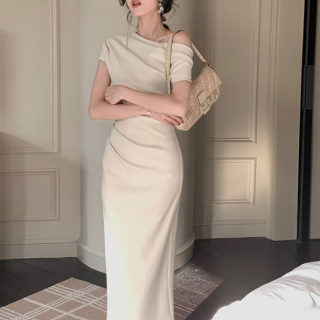ワンショルダーのシンプルタイトワンピース ロングドレス 3色 XS～L