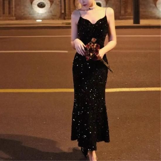 ゴージャスな海外デザイン ブラックタイトドレス キャミソール