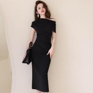 ワンショルダーのロング丈半袖きれいめワンピース タイトドレス 4色