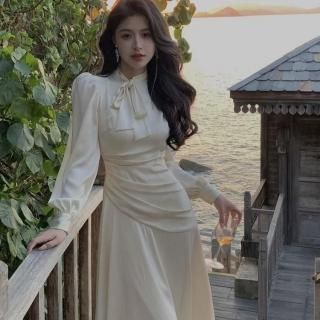 <img class='new_mark_img1' src='https://img.shop-pro.jp/img/new/icons14.gif' style='border:none;display:inline;margin:0px;padding:0px;width:auto;' />大人エレガント リボン付きロング丈長袖ドレープワンピース  タイトドレス