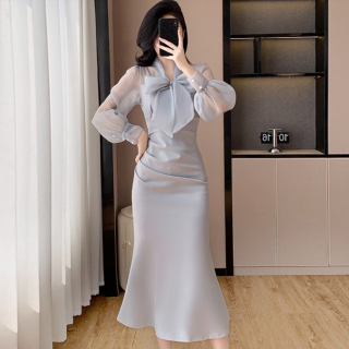 <img class='new_mark_img1' src='https://img.shop-pro.jp/img/new/icons14.gif' style='border:none;display:inline;margin:0px;padding:0px;width:auto;' />シアーミックス リボン付きロング丈タイトワンピース 2色 S〜3L ドレス