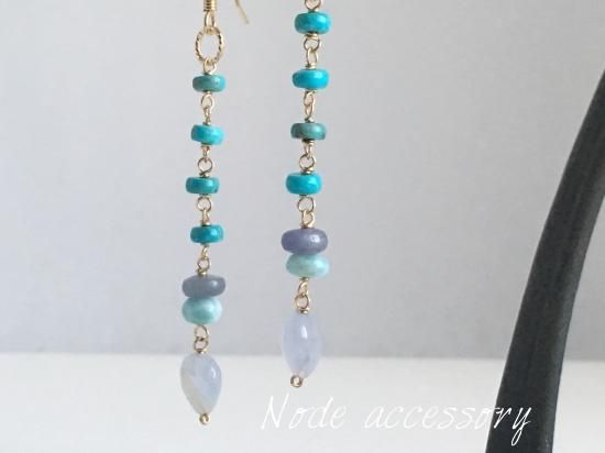 K14GF ブルーカルセドニー＆ターコイズ ぷっくりハートロングピアス