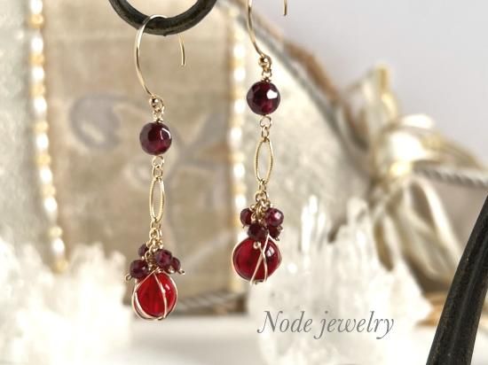 ◇再販◇ K14GF ガーネット&レッドアンバー ドレッシーロングピアス