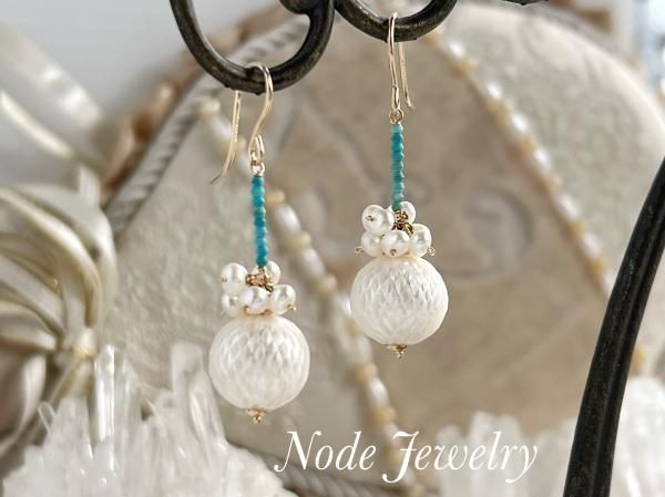 K14GF 淡水パール&ターコイズ カービングピアス - NODE アクセサリー