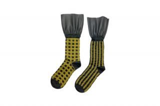 FAUX LEATHER RUFFLE CHECK  STRIPED SOCKS<br>YELLOWξʲ