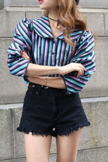 stripe round collar blouse