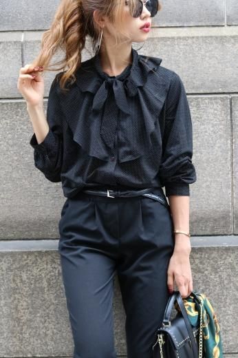 double frill dot ribbon blouse