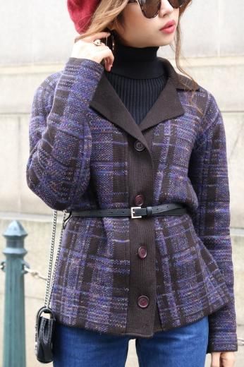 purple check knit jacket (belt set)