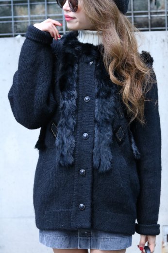 fur docking wool knit cardigan jacket