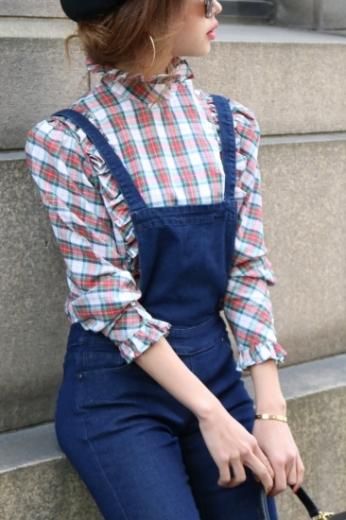 vintagefrill stand collar check cotton shirt