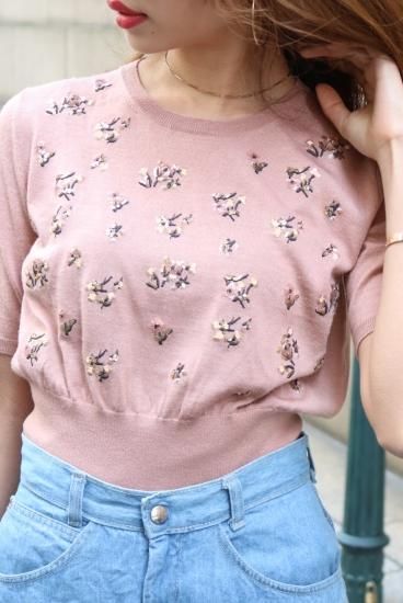 vintage】miu miu / embroidery flower pattern spangle knit