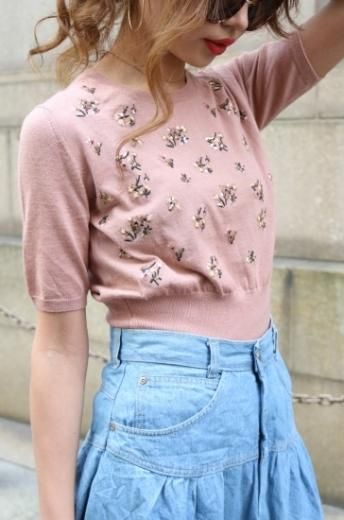 vintagemiu miu / embroidery flower pattern spangle knit tops