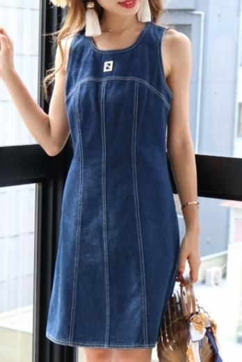 vintageFENDI / front logo plate sleeveless denim dress