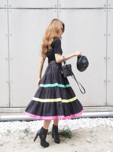 【vintage】multi color line volume tiered flare skirt