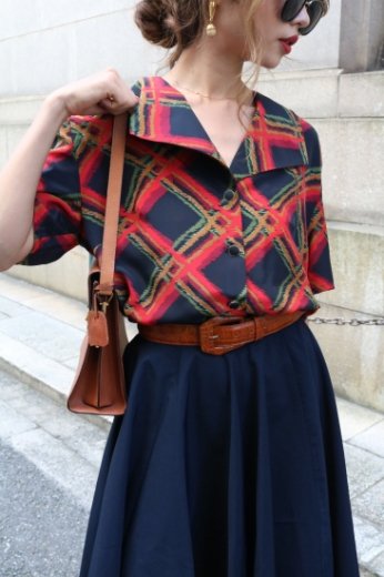 vintagetriangle collar design check pattern vintage blouse