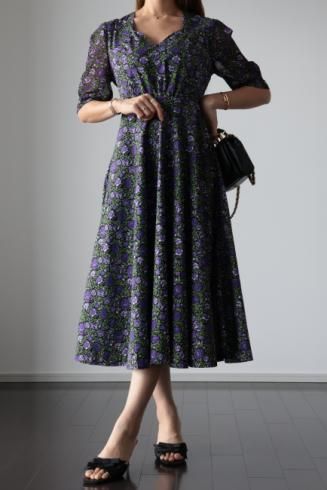 heart cut neck chiffon docking floral flare dress / purpleblack