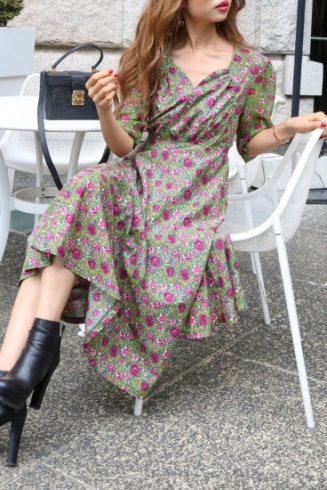 heart cut neck chiffon docking floral flare dress / red×green