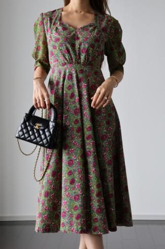 heart cut neck chiffon docking floral flare dress / redgreen