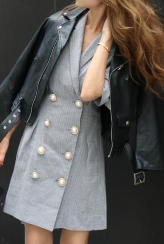 notched lapel collar big pearl button check pattern dress / black